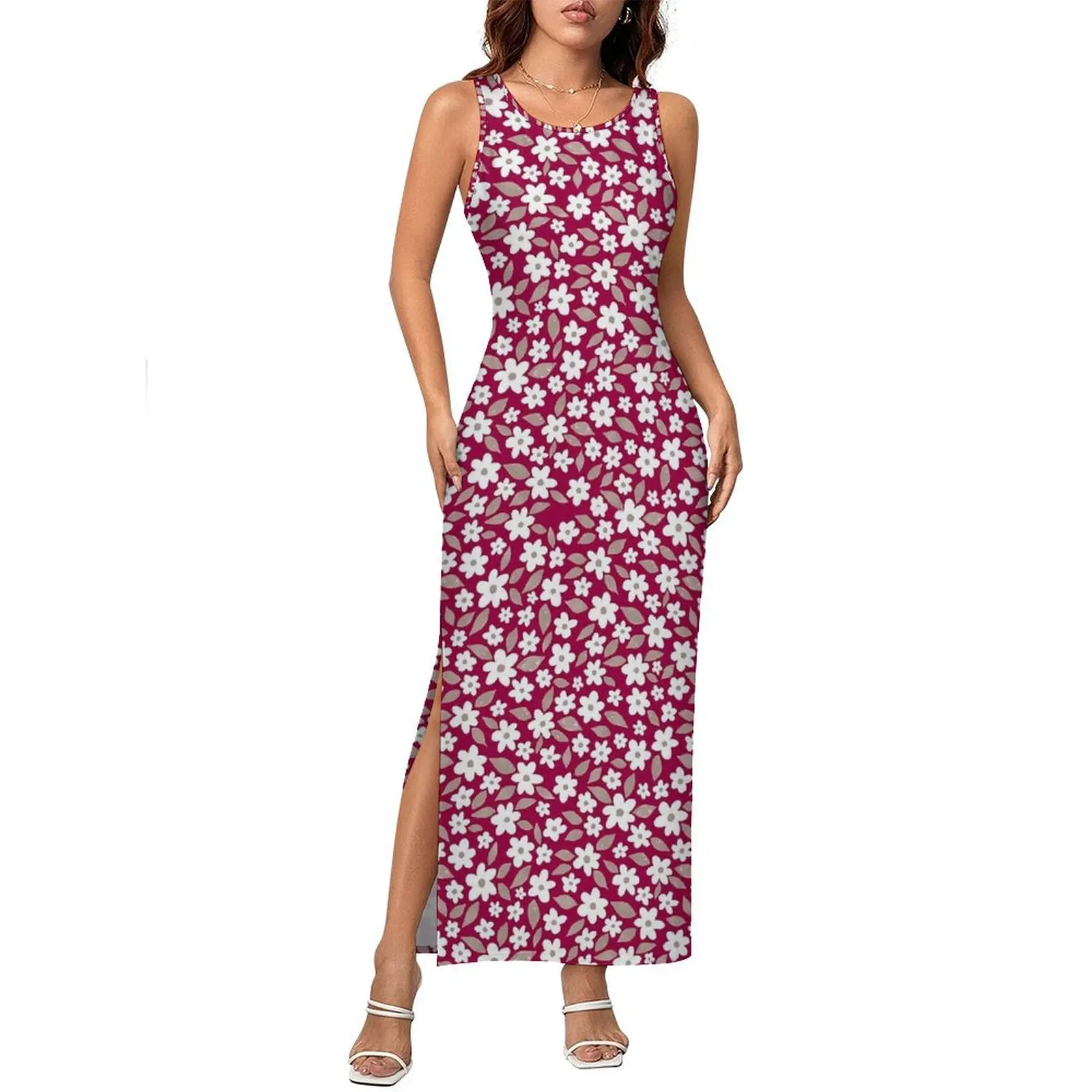 

Woman Bodycon Dress Retro Cute Ditsy Floral Maxi Dresses Holiday Flower Print Sleeveless Street Wear Printed Dress Large Size