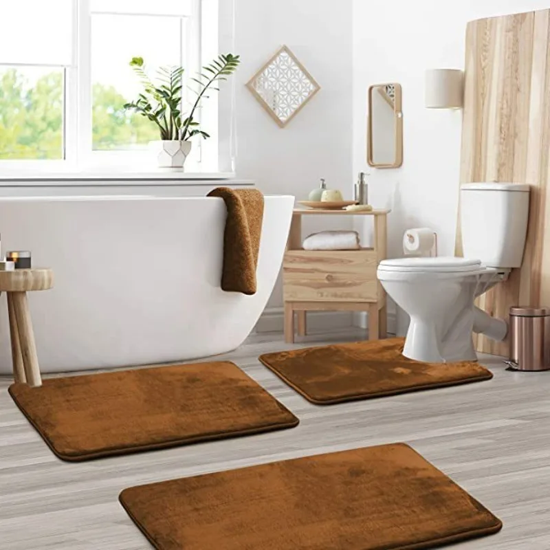 3PCS/Set, Pure Color Sponge Flat Simple Style Bathroom Toilet Water-absorbent Non-slip Floor Mat Set, Can Wash Home Decoration