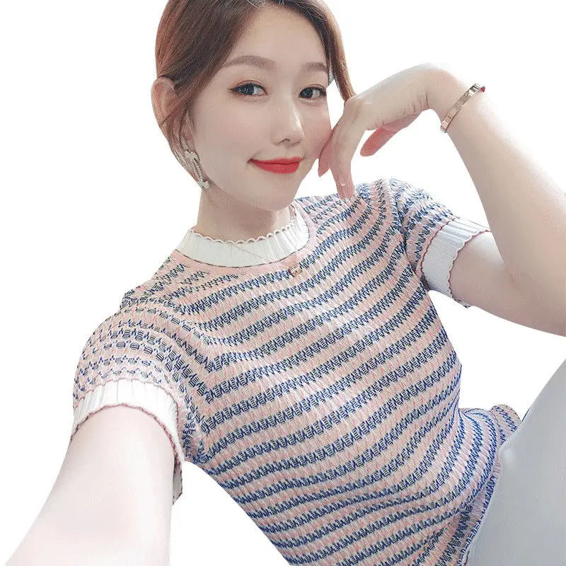 2022 ladies summer new knitted short sleeve T-shirt contrast striped sweater top