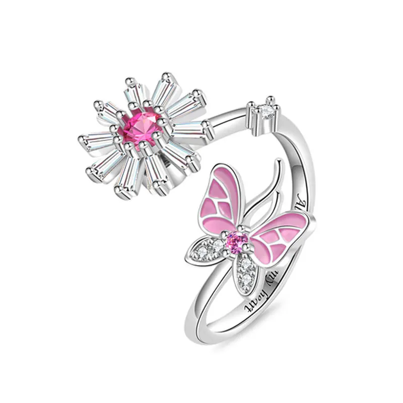 925 Sterling Silver Jewelry Crystal Flower Butterfly Spinner Finger Rings for Women Wedding Party Jewelry For Girls Friends Gift