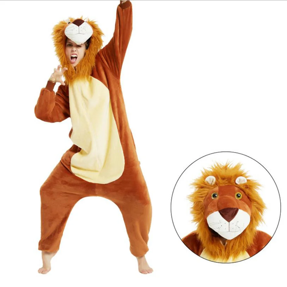 Lion Kigurumi Oneises for Adults Teenager One Piece Hooded Jumpsuits Women Loungewear Men's Bodysuits Overalls Cosplay Costume