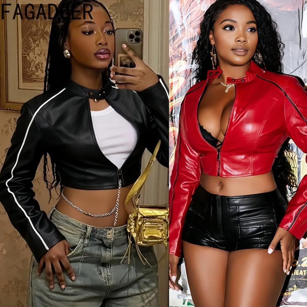 

FAGADOER панк готическая модная кожаная лоскутная куртка женская однотонная укороченная куртка с длинными рукавами популярная уличная одежда для девочек