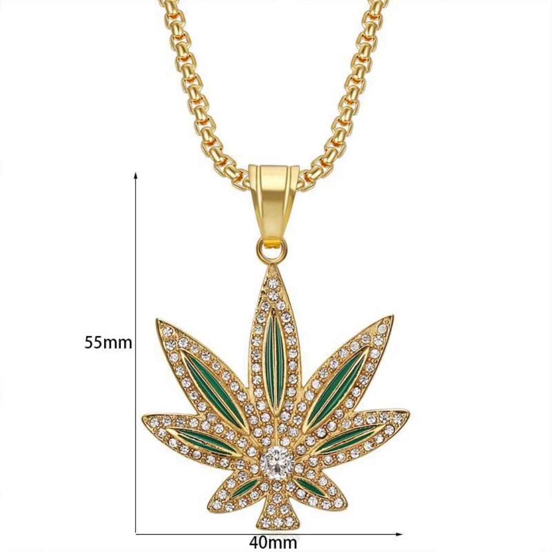 Hip Hop Fashion Hemp Leaf Iced Out Bling Pendant Man Gold Color Stainless Steel Zirconia Necklace for Woman Hippie Jewelry Gift