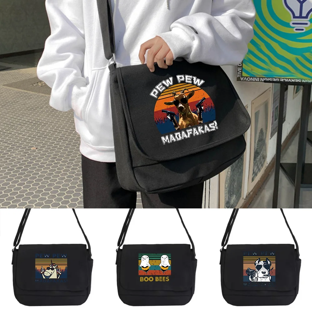 Messenger Bag Black Canvas Casual Handbag Fashion Crossbody Purse Pew Series Portable Organizer Pouch Canvas Flap-bag