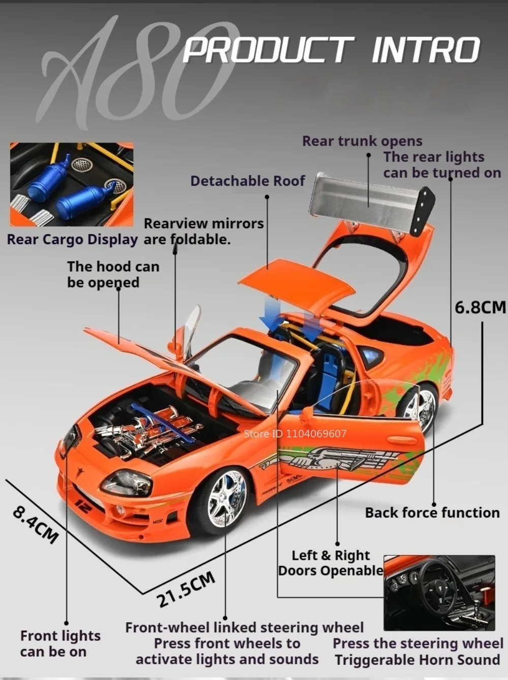 1:24 Scale Supra A80 911 GT3RS Supercar Model Toy Alloy Diecast Shock Absorption Doors Opened Sound Light Collection Sports Cars