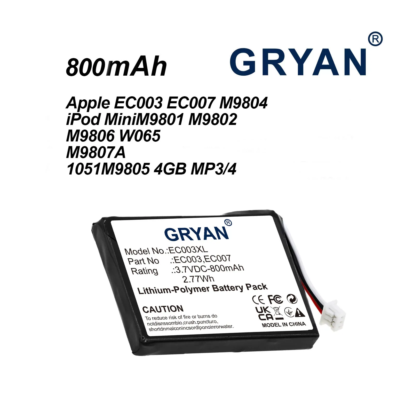 EC003 EC007 800mAh Battery for iPod Mini M9804 M9801 M9802 M9806 W065 M9807 A1051 M9805 4GB MP3/4 1st 2nd Generation