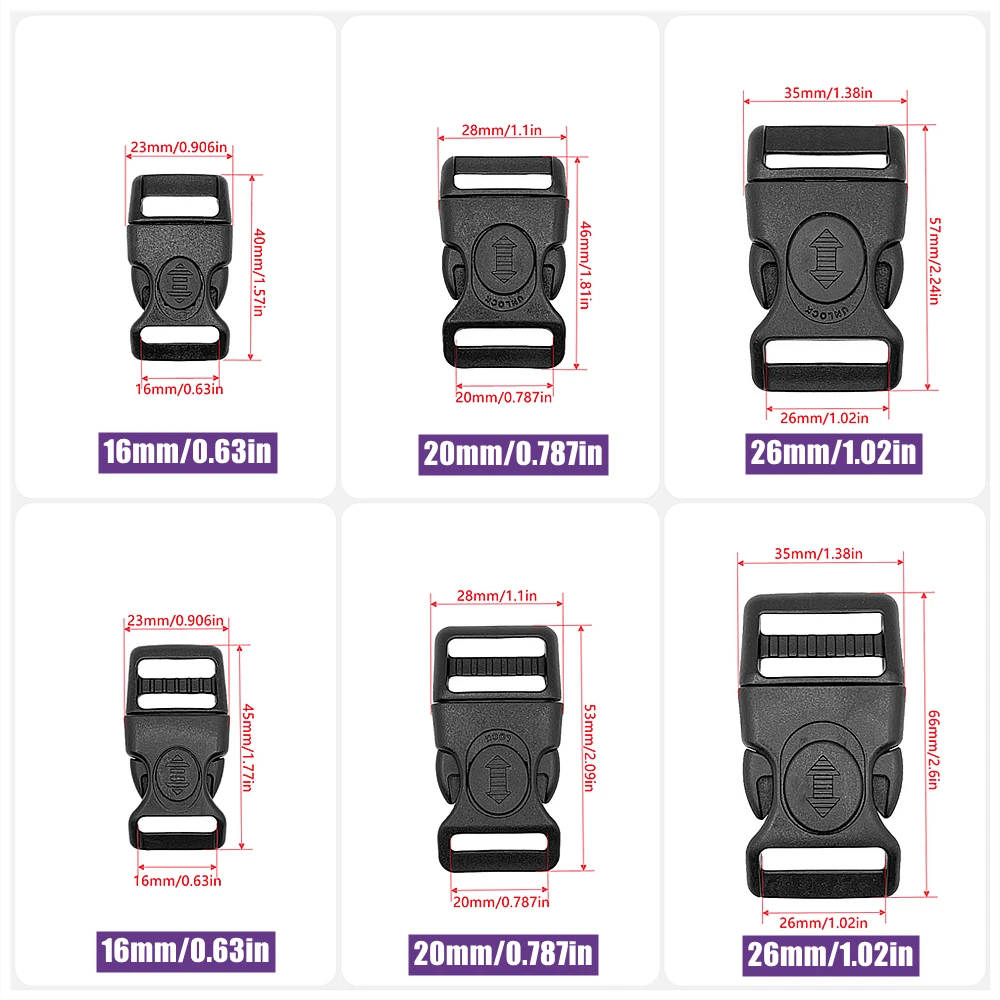 2pcs 16/20/26mm Plastic Curved Side Release Buckle with Lock for Parachute Bracelet Luggage and Backpack Accessories