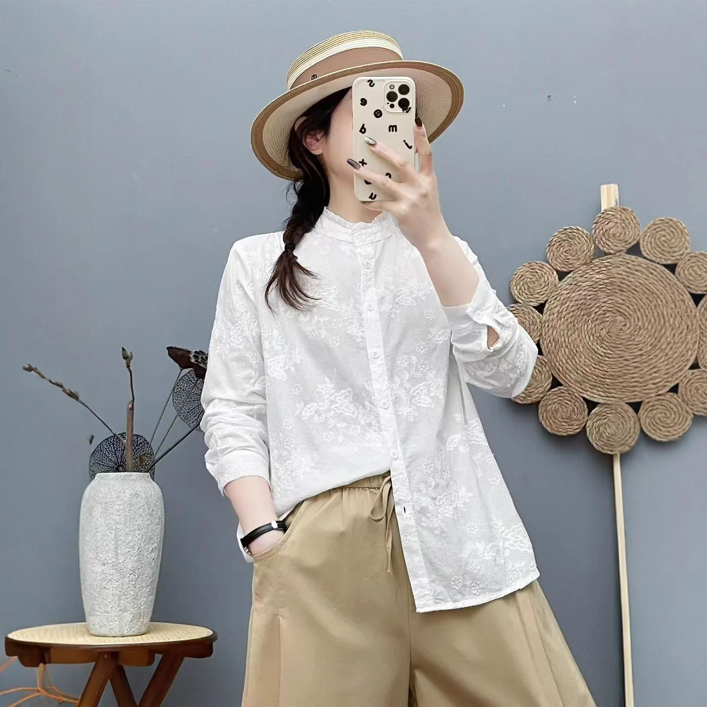 [مخزون جاهز] بلوزة نسائية عالية الجودة 100% قطن قميص موري سويت جاكار مطرز بأكمام طويلة وطية صدر السترة بلوزات ضيقة جديدة