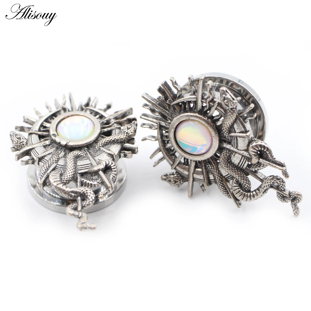 Alisouy 1PC Stainless Steel Sun Coiled Snake Threaded Ear Tunnel Plugs Expander Stretcher Gauge Earrings Piercing Body Jewelry