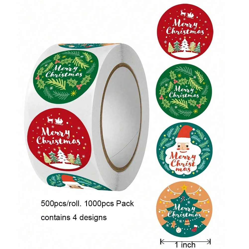 1000pcs Merry Christmas Stickers 1inch,Christmas Theme Self-adhesive Stickers For DIY Gift Baking Package Envelope Decoration