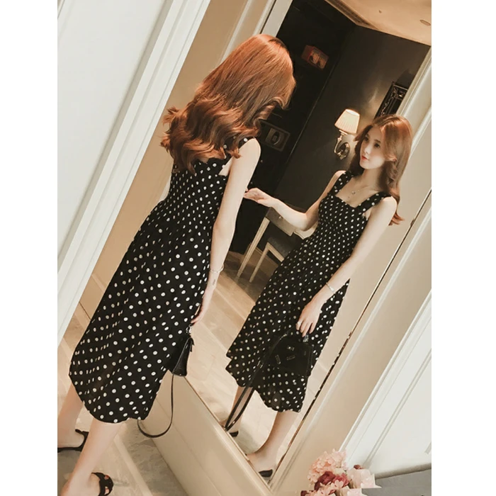 Summer 2023 Korean Sle Polka Dot ter Ne Midi Dr Women's Fre Sle Student Bubble Svel Skirt A-Line H-ape
