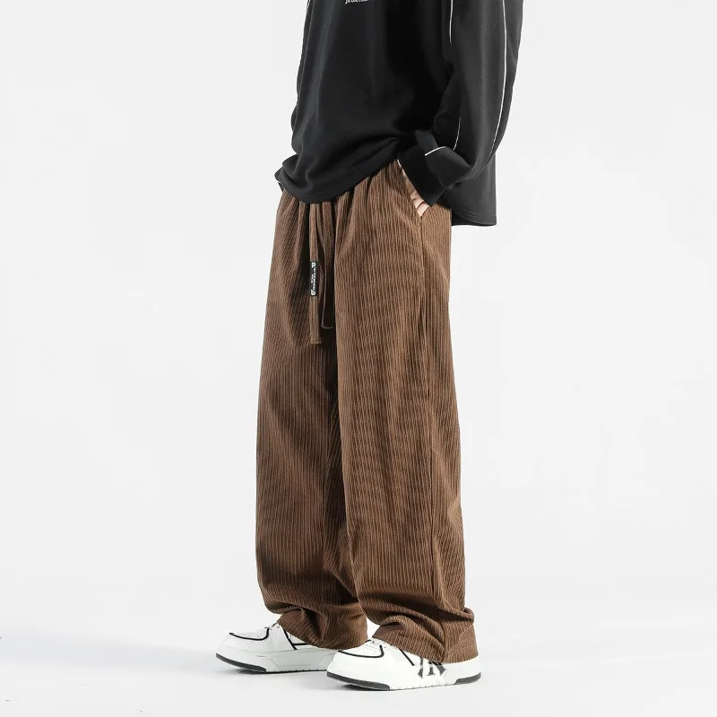 Men's Vintage Street Striped Corduroy Pants Loose Wide Leg Drawstring Casual Sports Trousers Unisex Daily Wear