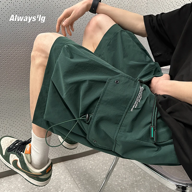 Summer Men's Shorts Knee-Length Short Fashion Drawstring Safari Style Shorts Functional Pockets Casual Cargo Pants Streetwear