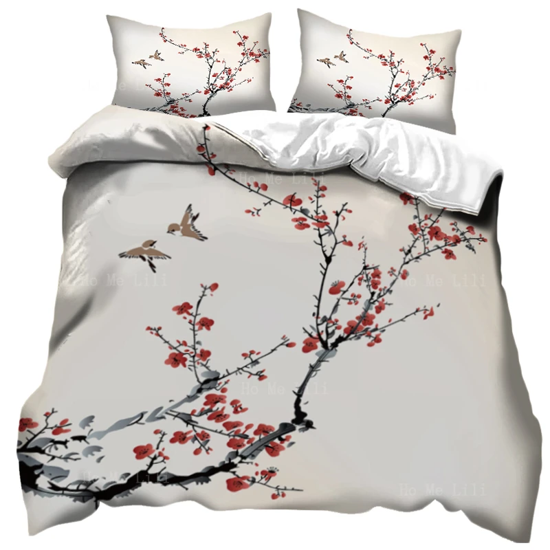 

Birds In A Cherry Tree In Winter Red Sun Blossoming Japanese Ink Landscape Soft Duvet Cover By Ho Me Lili For Bedding Decor