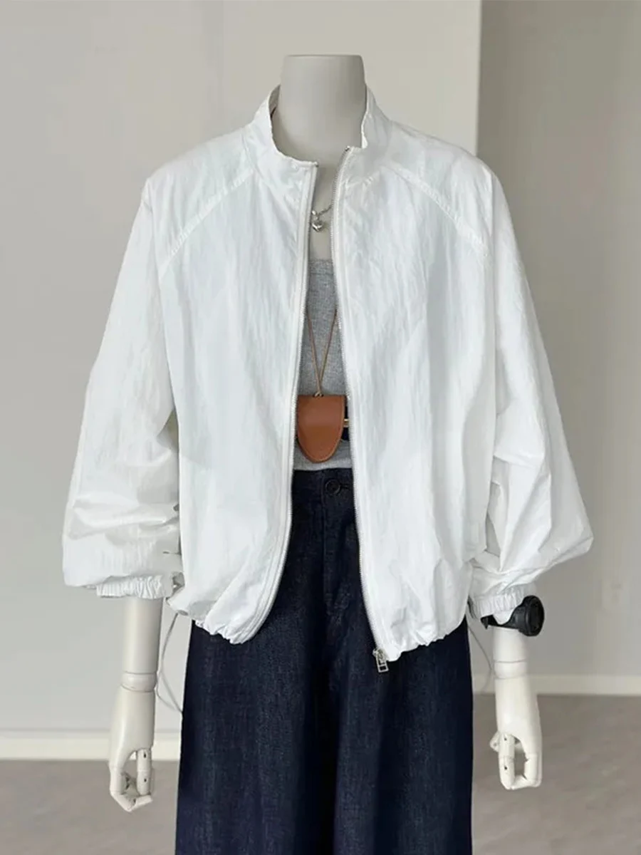 Cropped Sun-Protective Bomber Jacket Women Stand Collar & Cuffed Sleeves Oversized Lightweight Spring Summer Outdoor Essential