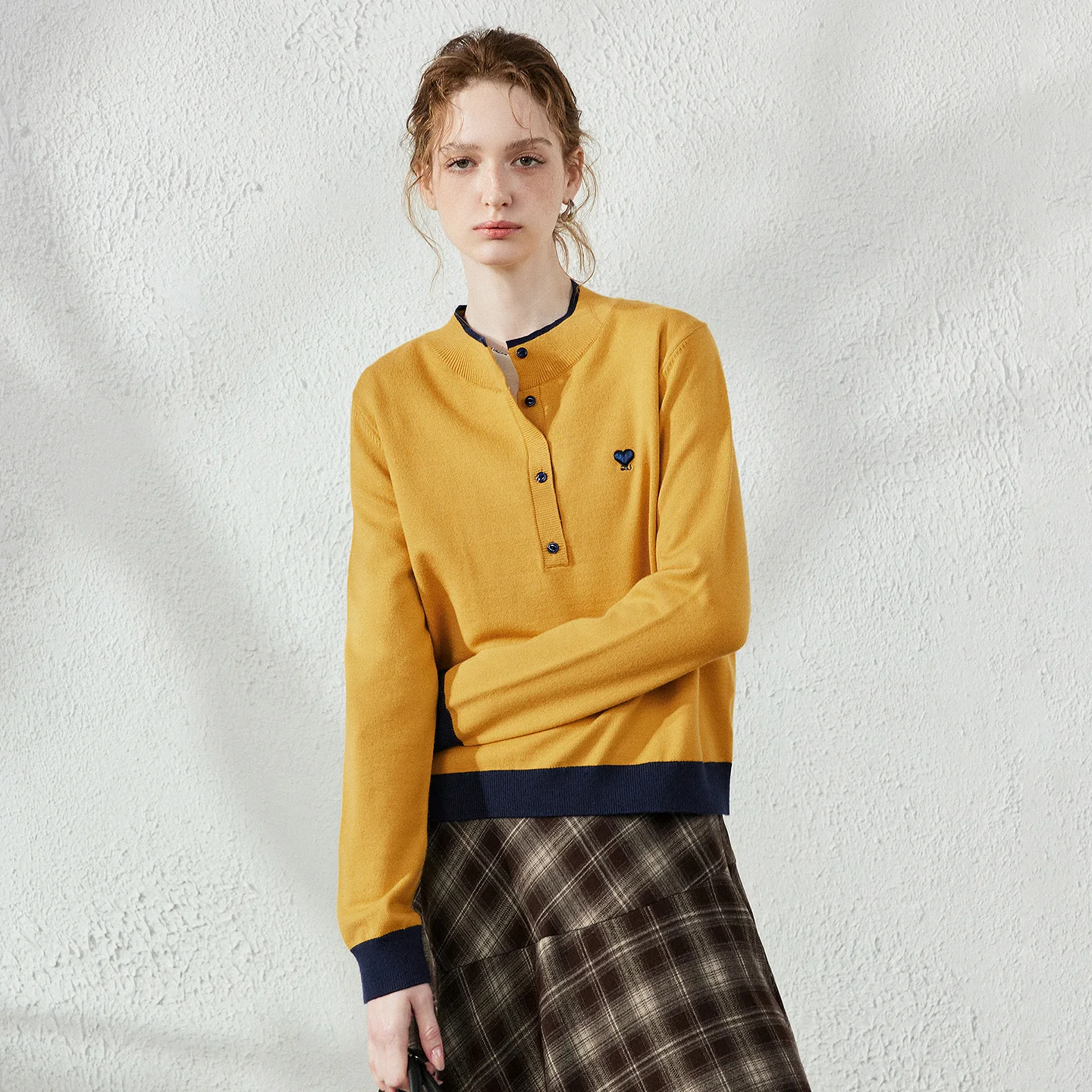 TOYOUTH Women Sweater 2026 Autumn New Henley Collar Color Contrast Rib Heart Embroidery Slightly Loose Knit Tops