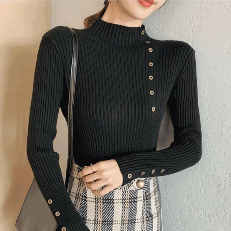 Women\'s Autumn and Winter Fashion Simplicity Solid Color Turtleneck Long Sleeve Knitwear Women Clothes All-match Slim Tops