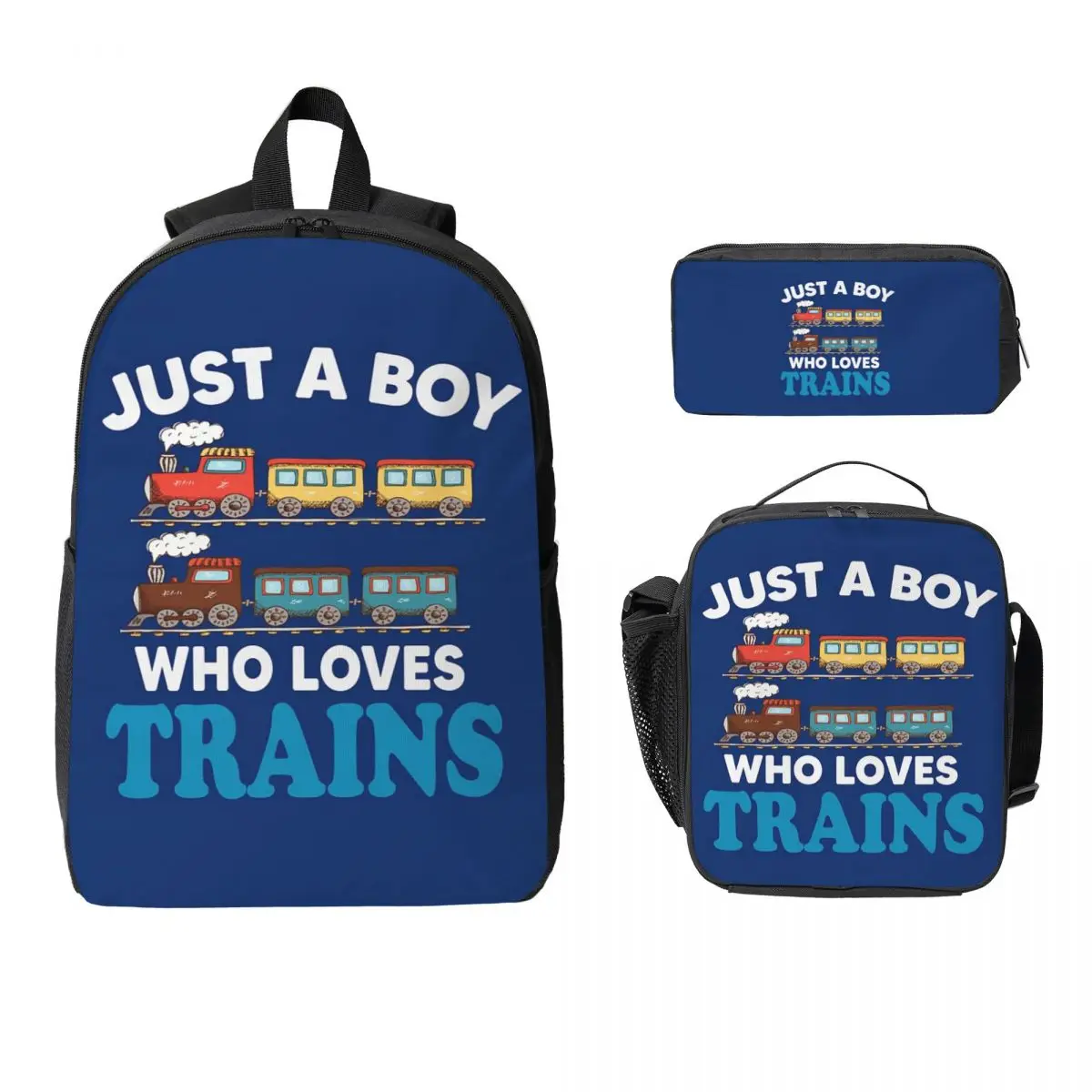 Birthday Kids Just A Boy Who Loves Trains Backpack Boy Girl BookBag School Bag Shoulder Bags 3ps Insulated Lunch Bag Pencil Case