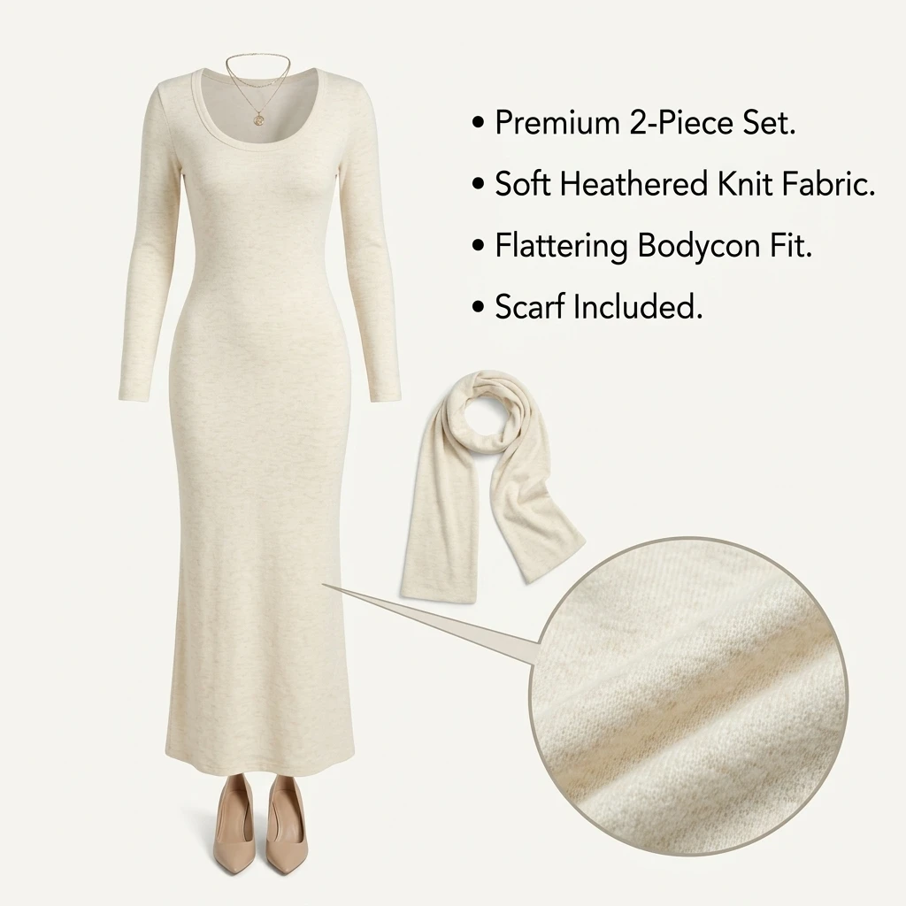 Knitted Bodycon Maxi Dress for Women Long Sleeve Square Neck Mermaid Long Skirt with Matching Scarf