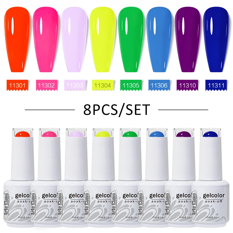 Arte Clavo 8Pcs Gel Nail Polish Winter Set Nail Art Soak Off UV Gel Colorful Kit Semi Permanent Hybrid Gel Varnish Base Top LED