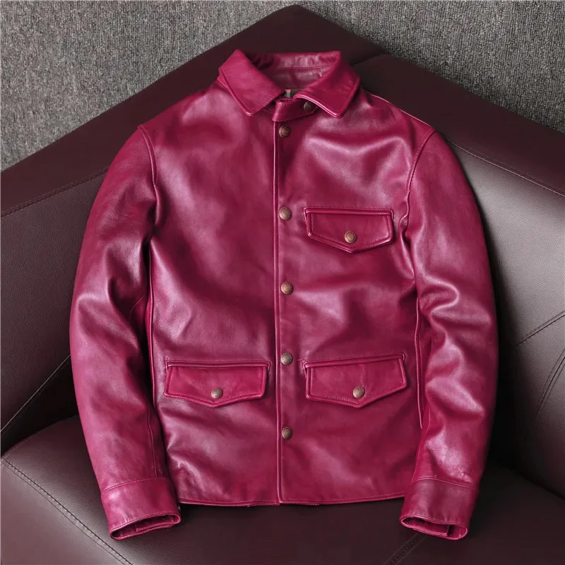 Tienda Best. Chaqueta de cuero genuino estilo frenillo informal clásico. Abrigo rojo vino de piel de oveja curtida. Tela central de té de calidad