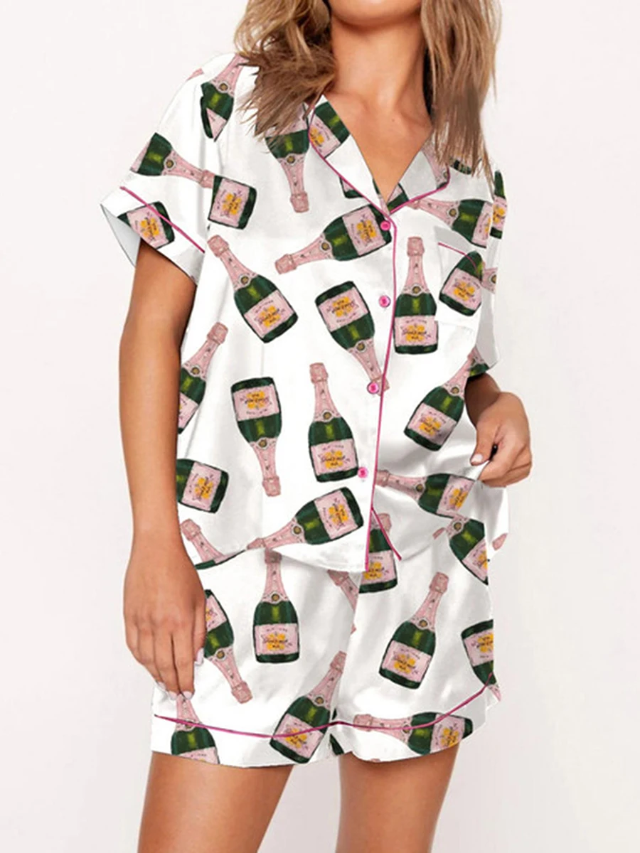 Women Y2K 2 Piece Pajama Set Sleepwear Loungewear Short Sleeve Lapel Button Down Tops and Shorts Beverage Bottle Print PJ Set