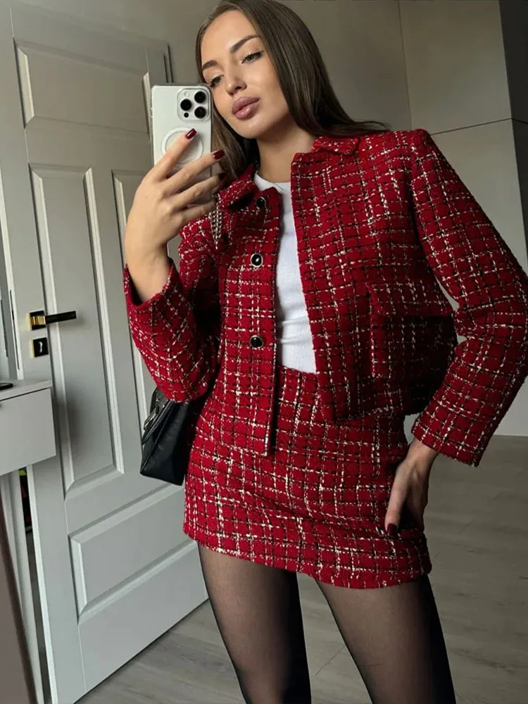 HH Women\'s 2-piece Retro Red Single-breasted Pocket Jacket, Small Fragrant Jacket+High-waisted Zippered Culottes Street Wear
