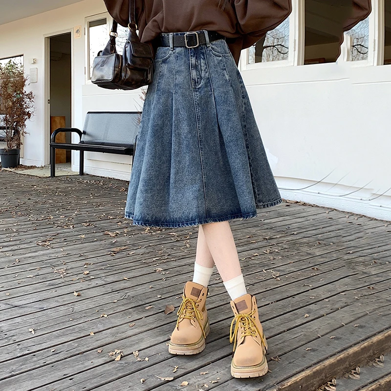 

Y2k Style Pleated Denim Skirts Women High Waist Summer Washed Midi Knee-Length Jeans Skirt Ladies Retro Jupe Femme