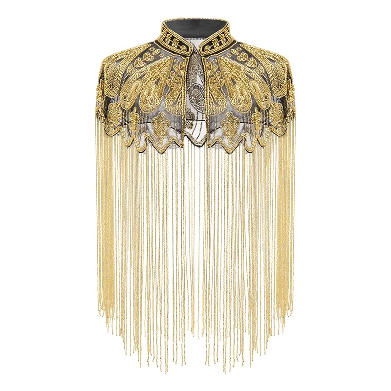 1920s Flapper Gatsby Tulle Mesh Fringe Sequin Cape for Women Roaring 20s Theme Party Evening Dress Cover Up Wraps