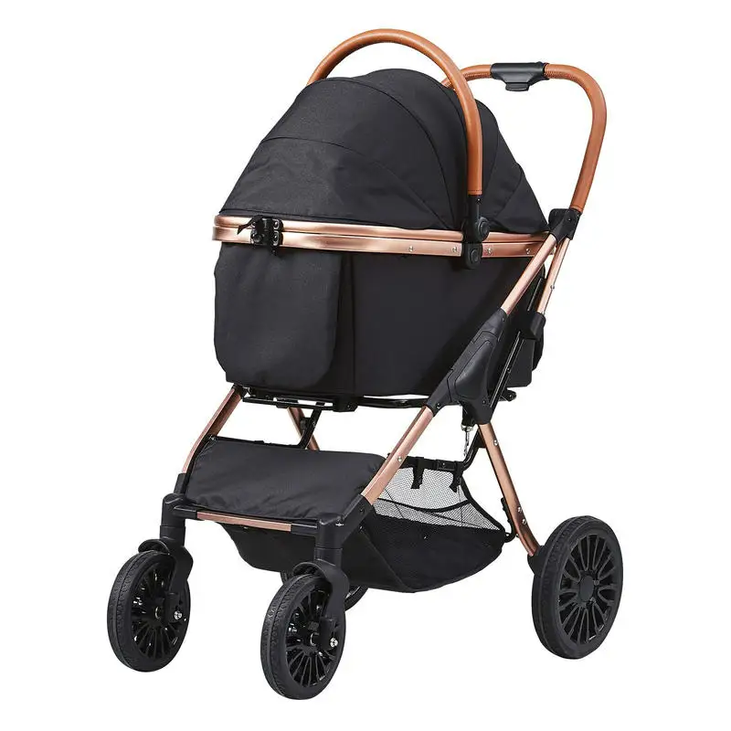 Hundebuggy für Haustiere mit 4 Schwenkrädern und Bremsen, Tragkraft 30 kg, Katzenbuggy mit Abnehmbarem Ständer, Aufbewahrungskorb, Kissen für Kleine/Mittelgroße Hunde, Schwarz