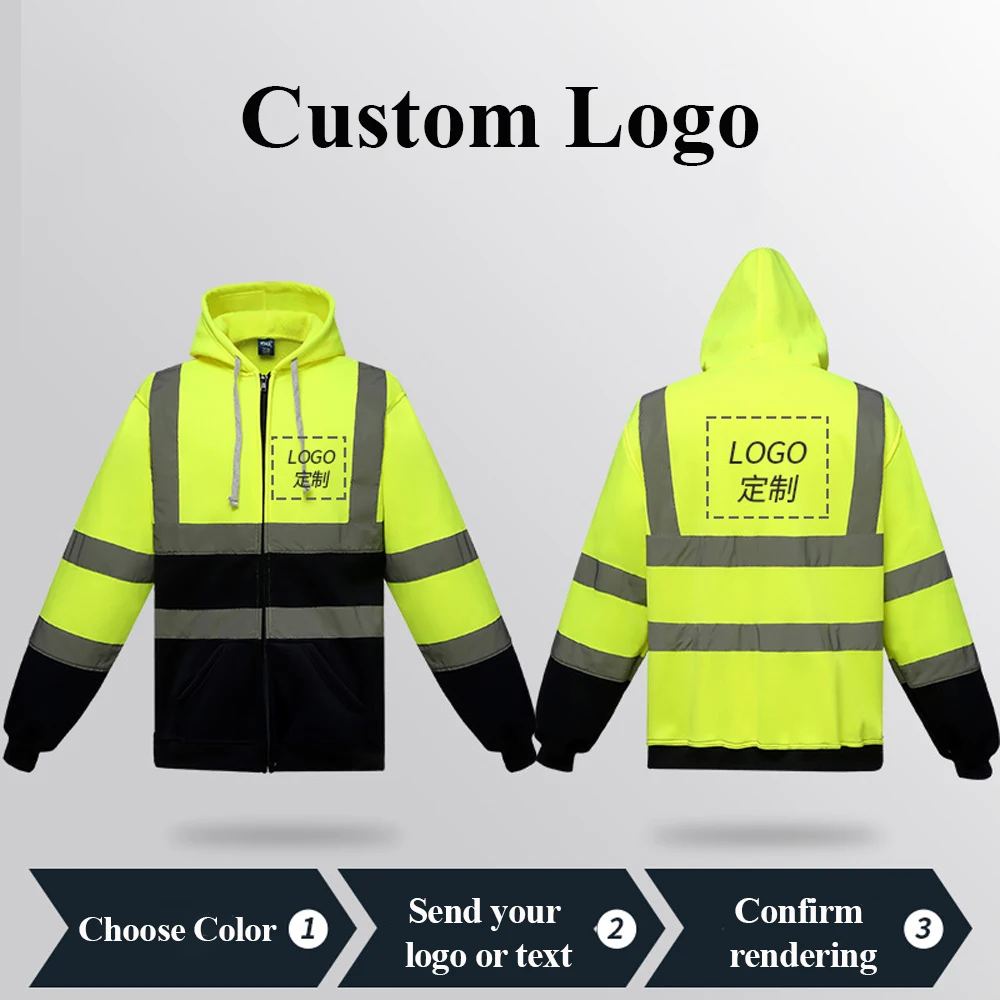 Reflective Men Hoodie Sweatshirt High Visibility Safety Work Jacket Loose Zipper Long Sleeve Hooded Pullover Winter Coat