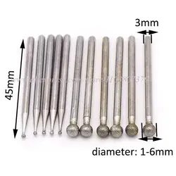 1-6mm Ball Diamond & CBN Grinding Head Burr Point 3mm Shank Carving Engraving Bits for Jade Glass Dremel Rotary Tools