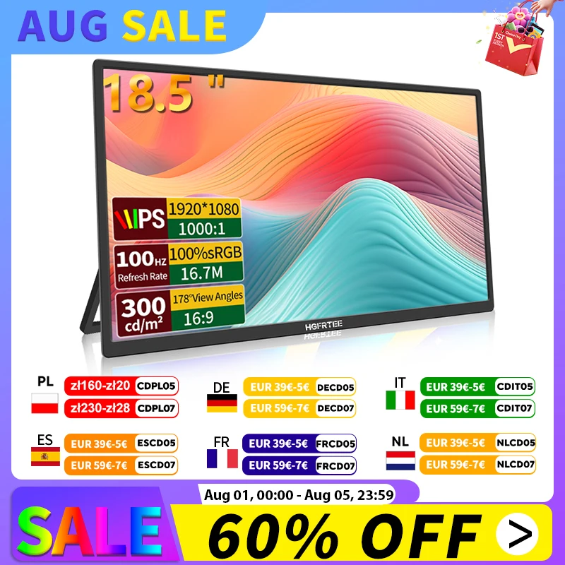 HGFRTEE Monitor portátil de 18,5 pulgadas y 100Hz con soporte de orificio VESA, pantalla extendida para juegos de PC, ADS-IPS, soporte de pantalla grande tipo C HDMI