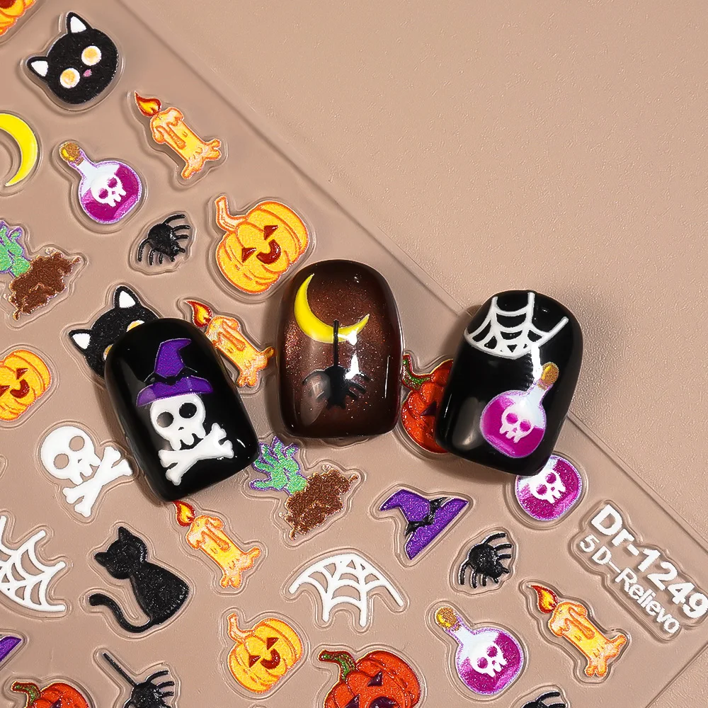 1/5/10pcs Pumpkin Cat Skull Witch Hat Nail Stickers 5D Embossed Halloween Nail Art Stickers For DIY Manicure Decoration Decals
