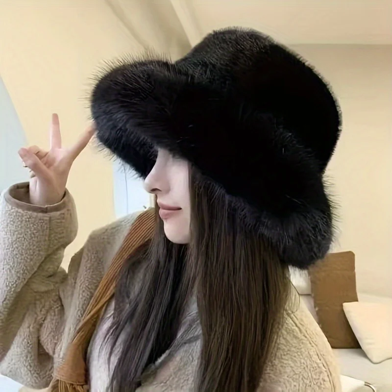 Fashion Faux Fur Big Bucket Hat for Women Russian Cossack Fluffy Winter Wrap Hat Fuzzy Fluffy Bucket Hat Oversized Pink Wine Red