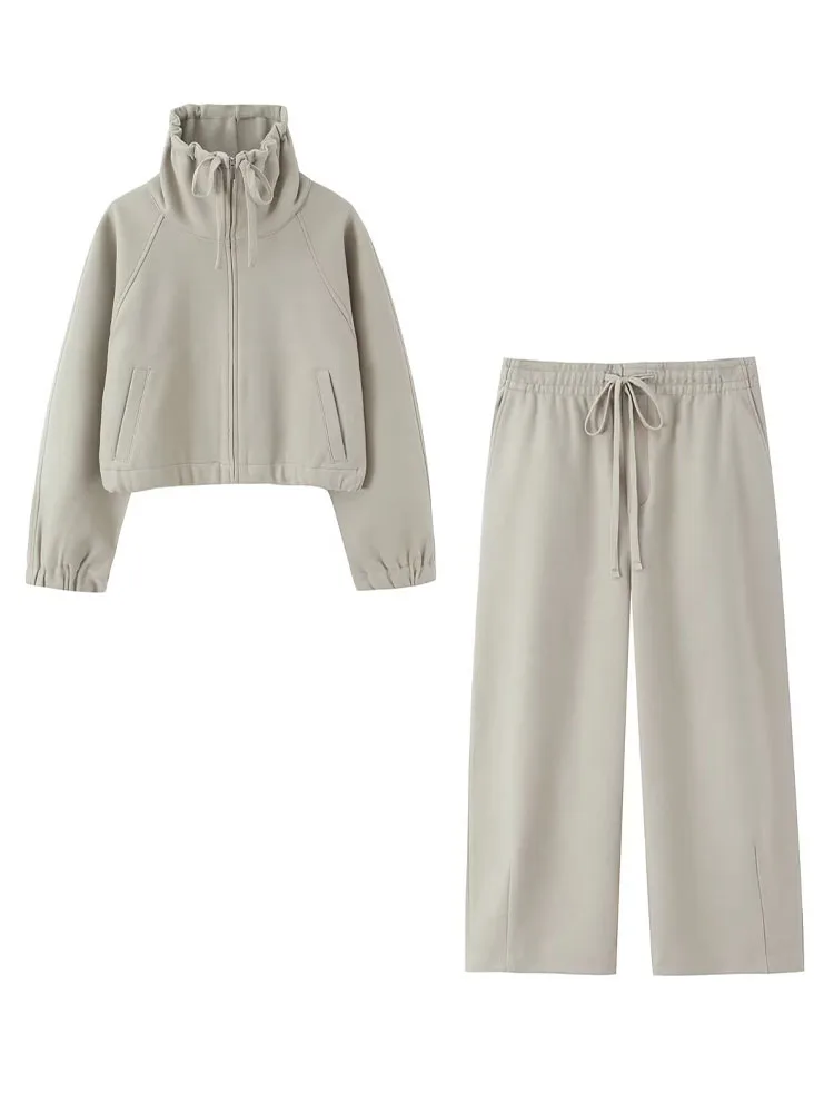 

HH Women 2026 Fashion Versatile Long Sleeve Stand Collar Zipper Sweater+High Waist Casual Elastic Waist Drawstring Trousers Set