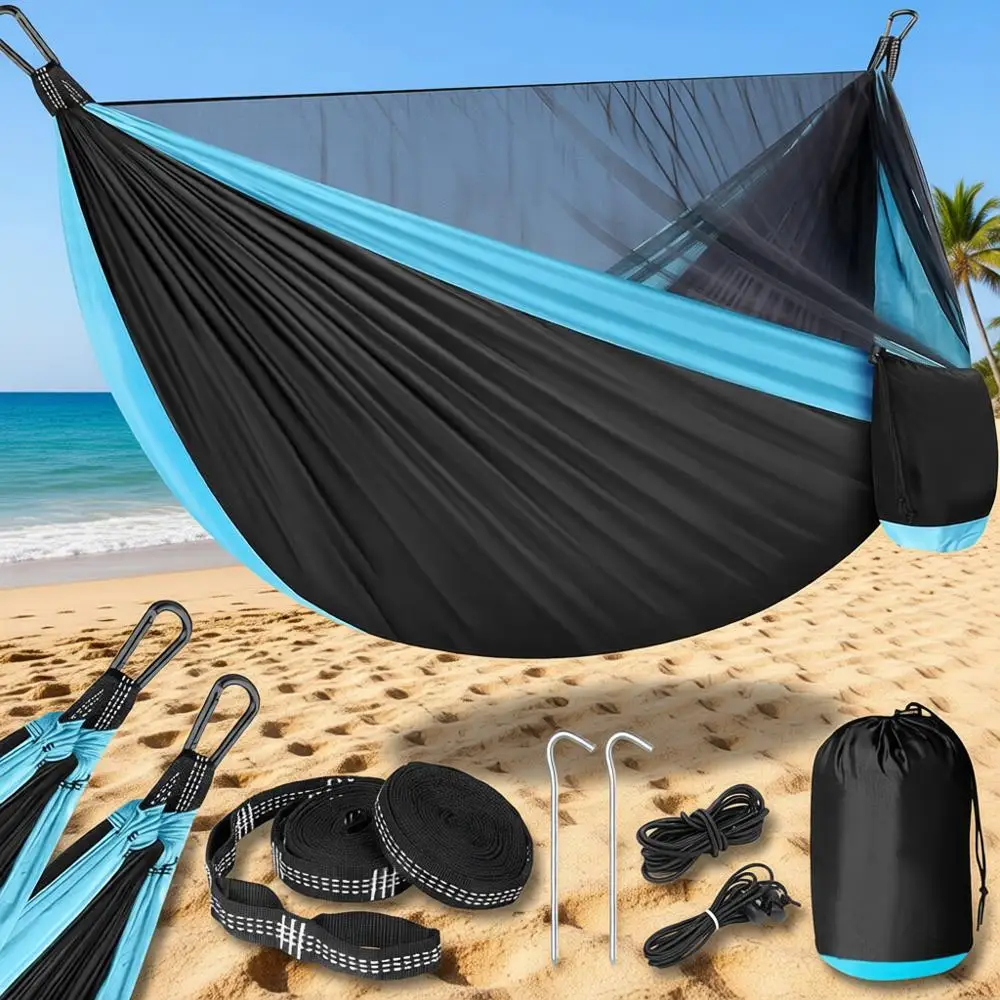 

Portable Camping Hammock with Mosquito Net, Double & Single Options, Includes Tree Straps, Ideal for Outdoor Adventures and Rela