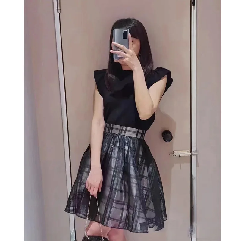 

WAKUTA Pleated Flying Sleeved Knitted Top + Mini Elasitc Waist Plaid Skirt Trendy Faldas Sets 2024 Summer 2piece Clothes Woman