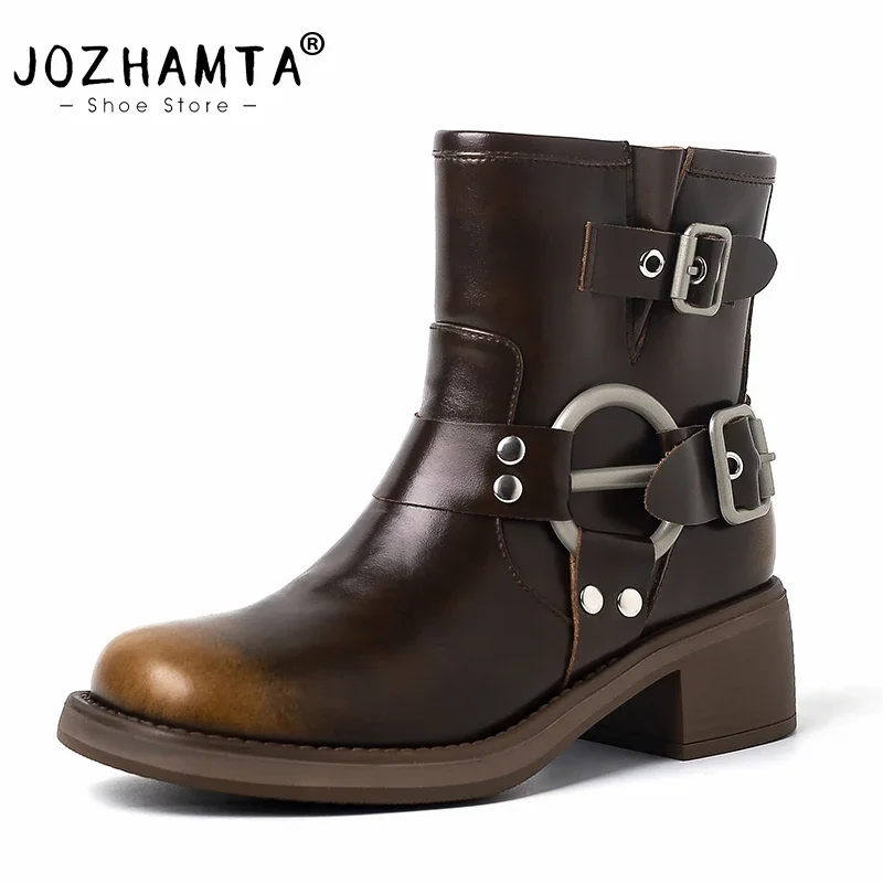 JOZHAMTA Size 34-40  Vintage Western Women Genuine Leather Mid-Calf Boots Thick High Heels 2024 Autumn Winter Shoes Woman Retro