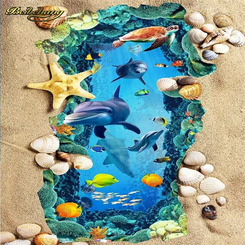 beibehang Custom Underwater World Dolphin 3D floor tiles Wall paper Painting Livingroom Bathroom Self-adhesive Wallpaper Murals