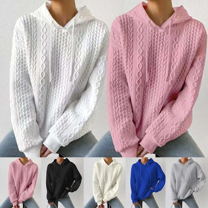 

Fashionable women's casual long sleeved hooded sweater autumn and winter warm top women's solid color loose hooded sweater