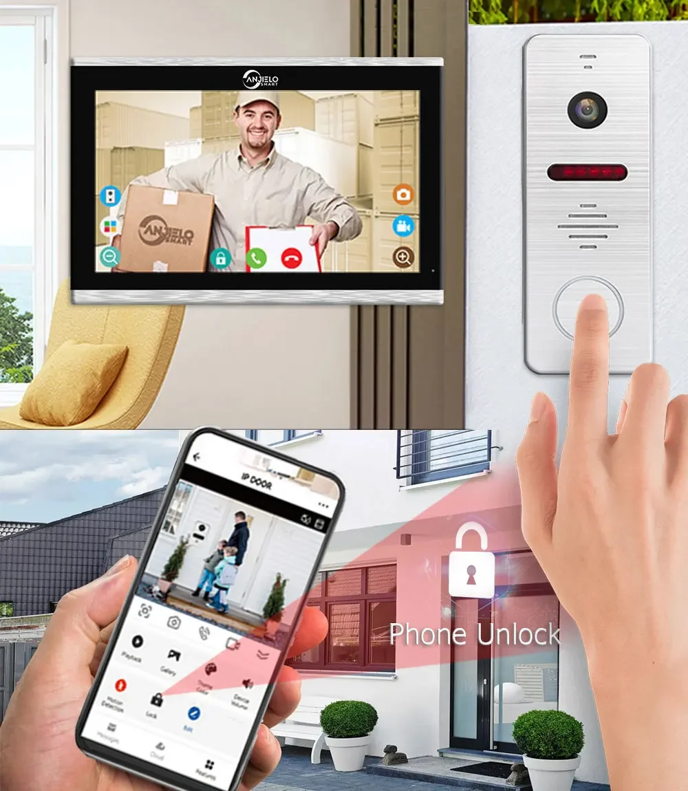 ANJIELO Metal Doorbell Video Intercom System for Home Tuya Smart Video Doorhpone Camera 160° 4-Wired 1080P Touch Monitor