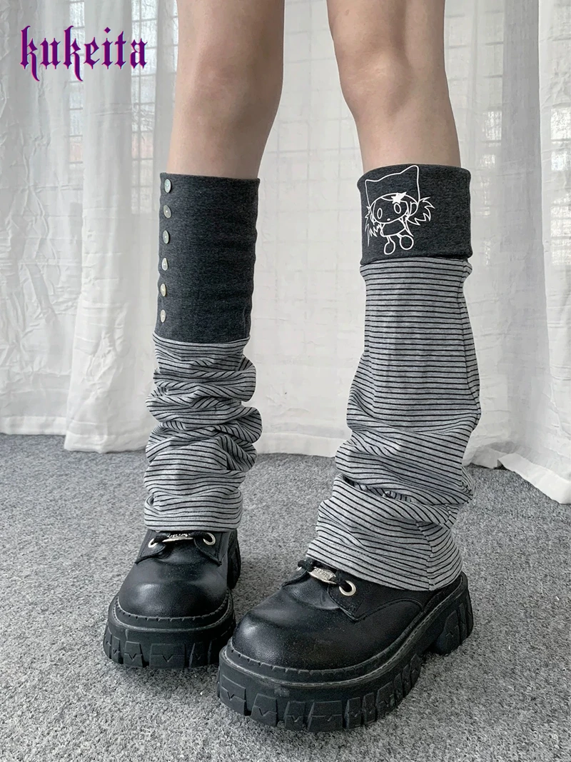 Kukeita Gothic Japanese Kawaii Cartoon Print Leg Warmers Socks Women Harajuku Y2k Button Striped Patchwork Chic Punk Leg Covers