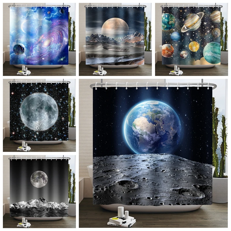 

Starry Sky Shower Curtain Nebula Moon Bathroom Curtain Universe Planet Night Landscape Waterproof Fabric Bathtub Screen 180x200