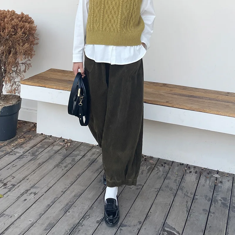 

Retro 100% Cotton Corduroy Pants for Women Autumn Winter New Japanese Loose High-Waisted Bloomer Elastic Waist Casual Pantalones