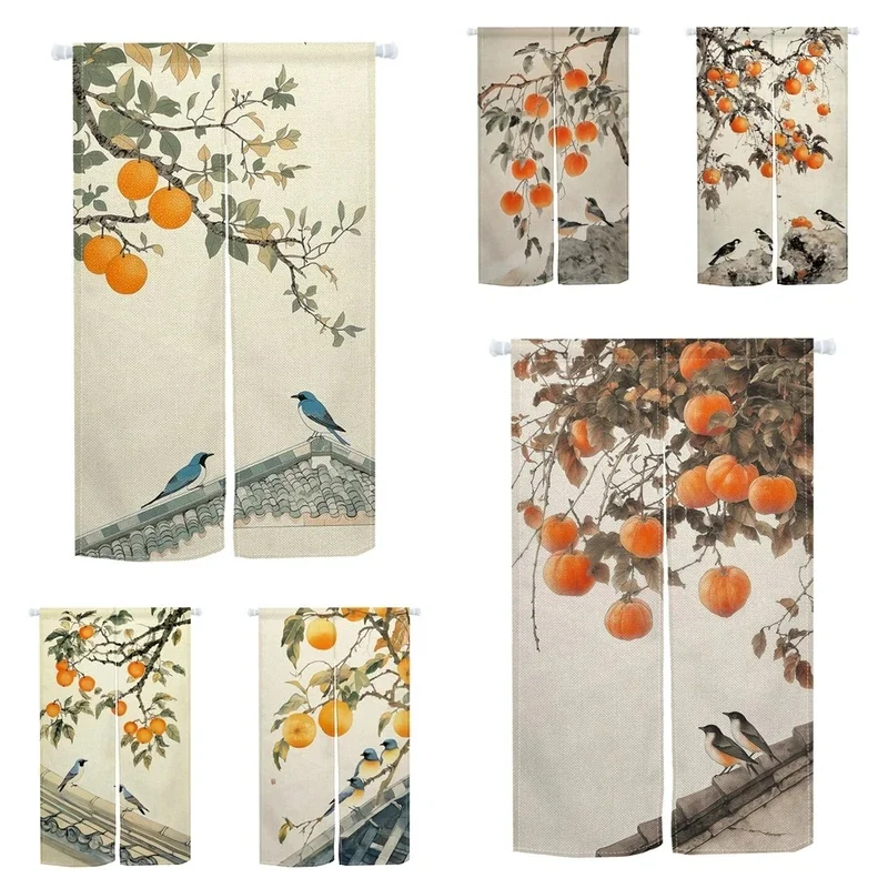 VIKAMA Traditional Chinese Painting Door Curtain Linen Texture Background Persimmon Bird Print Noren Curtain for Room Entrance
