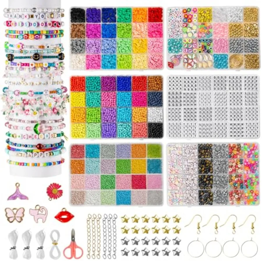

Friendship Bracelet Kit, 6000 pcs with Seed Beads 2/3/4mm,Clay Beads, 7 Styles Letter Beads (A-Z), Variety of Charms, DIY Jewel