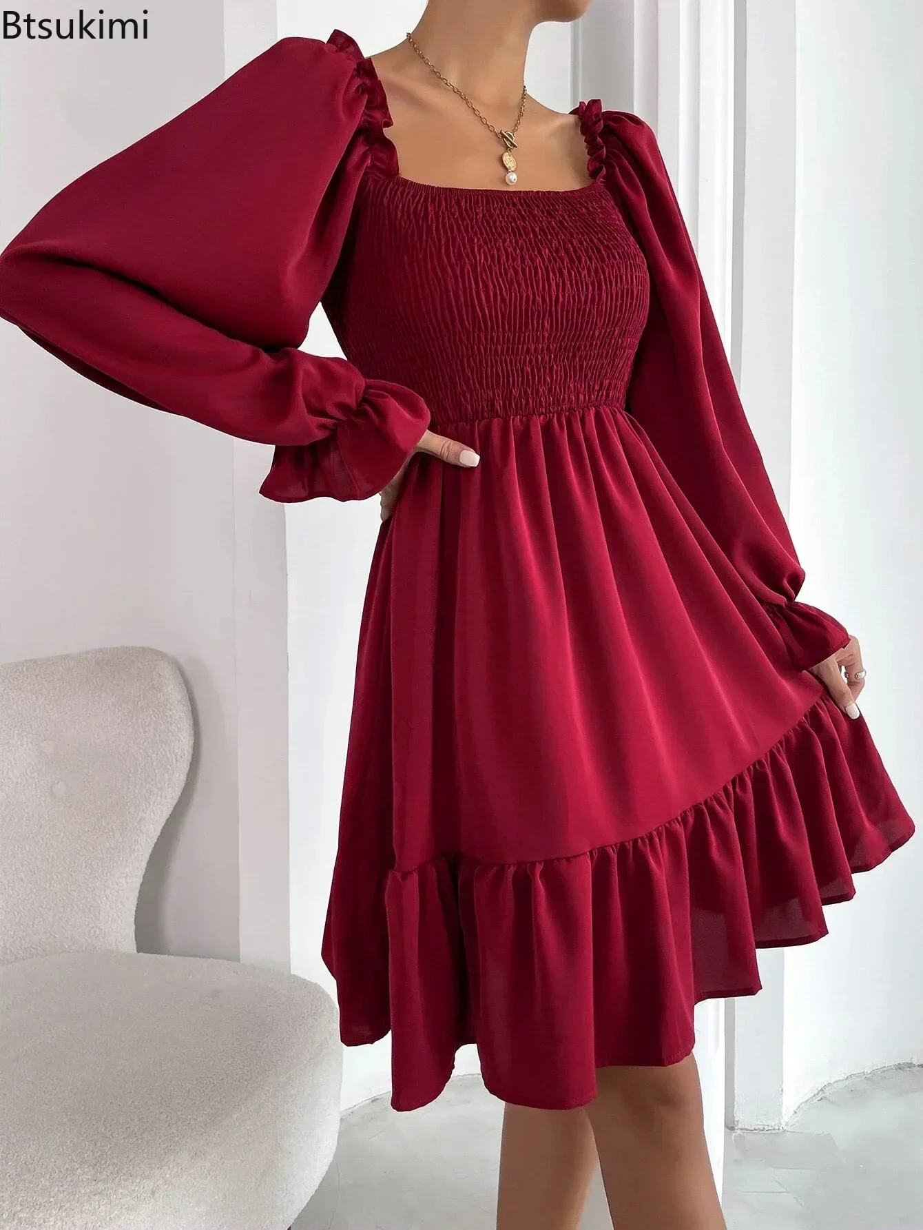 

2025Women's Off Shoulder Ruffle Short Mini Dress Spring Summer Fashion A Line Sundress Robe Female Solid Casual Sundress Vestido