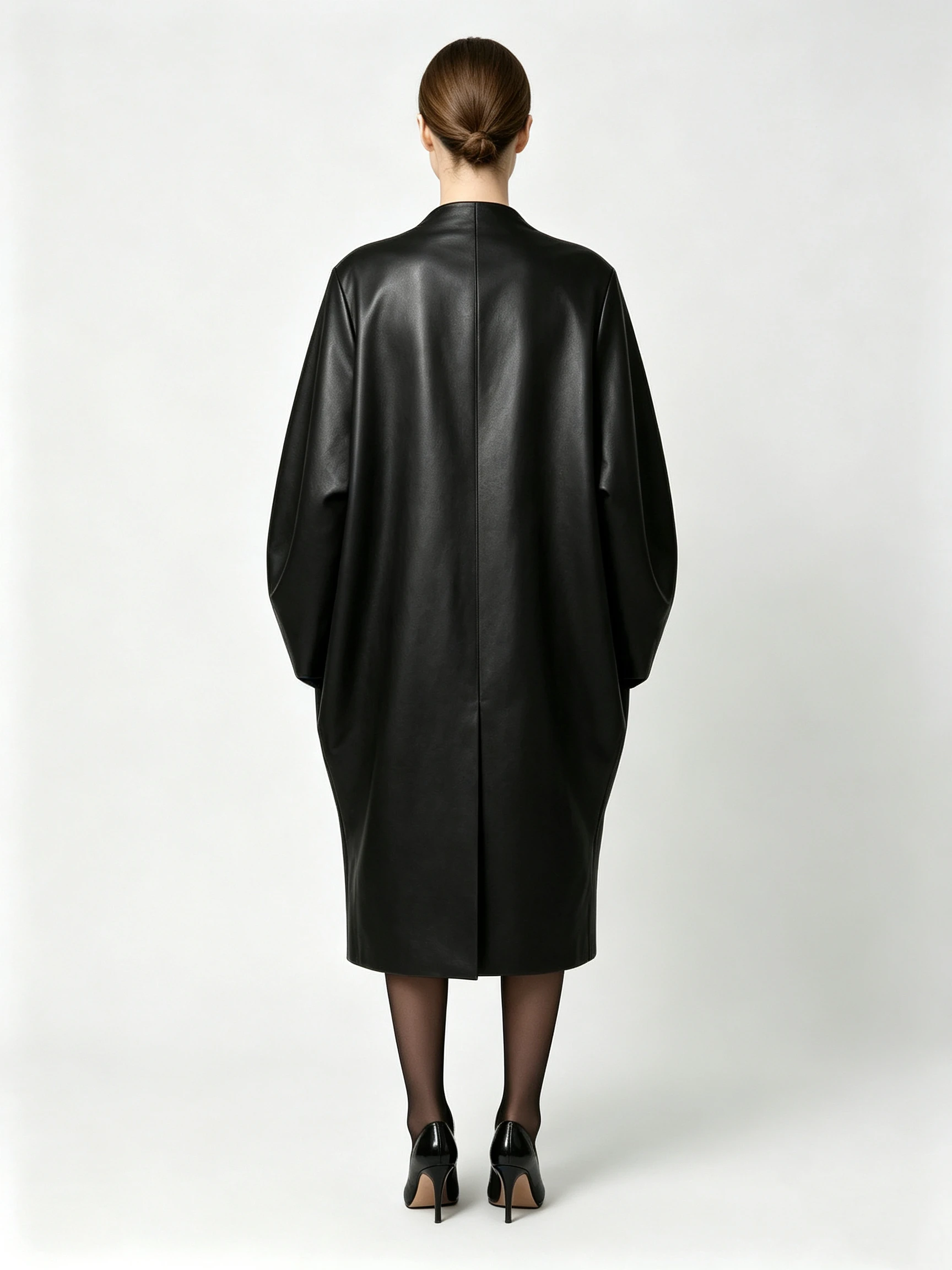 Women's Long Faux Leather Trench Coat with Minimalist Collarless Design and Drop Shoulders