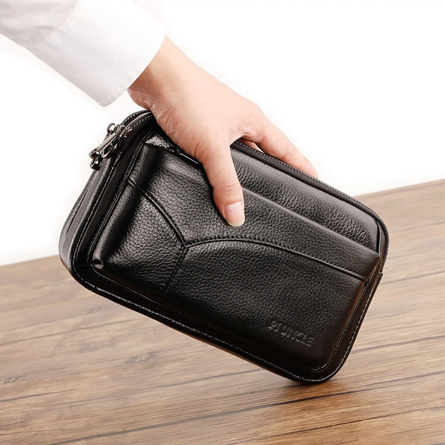 Men's Genuine Leather Fashion Business Clutch Bag, Vintage Wristlet Wallet, Coin Purse, Wallet, Work Handbag, Mobile Phone Day Bag, Black